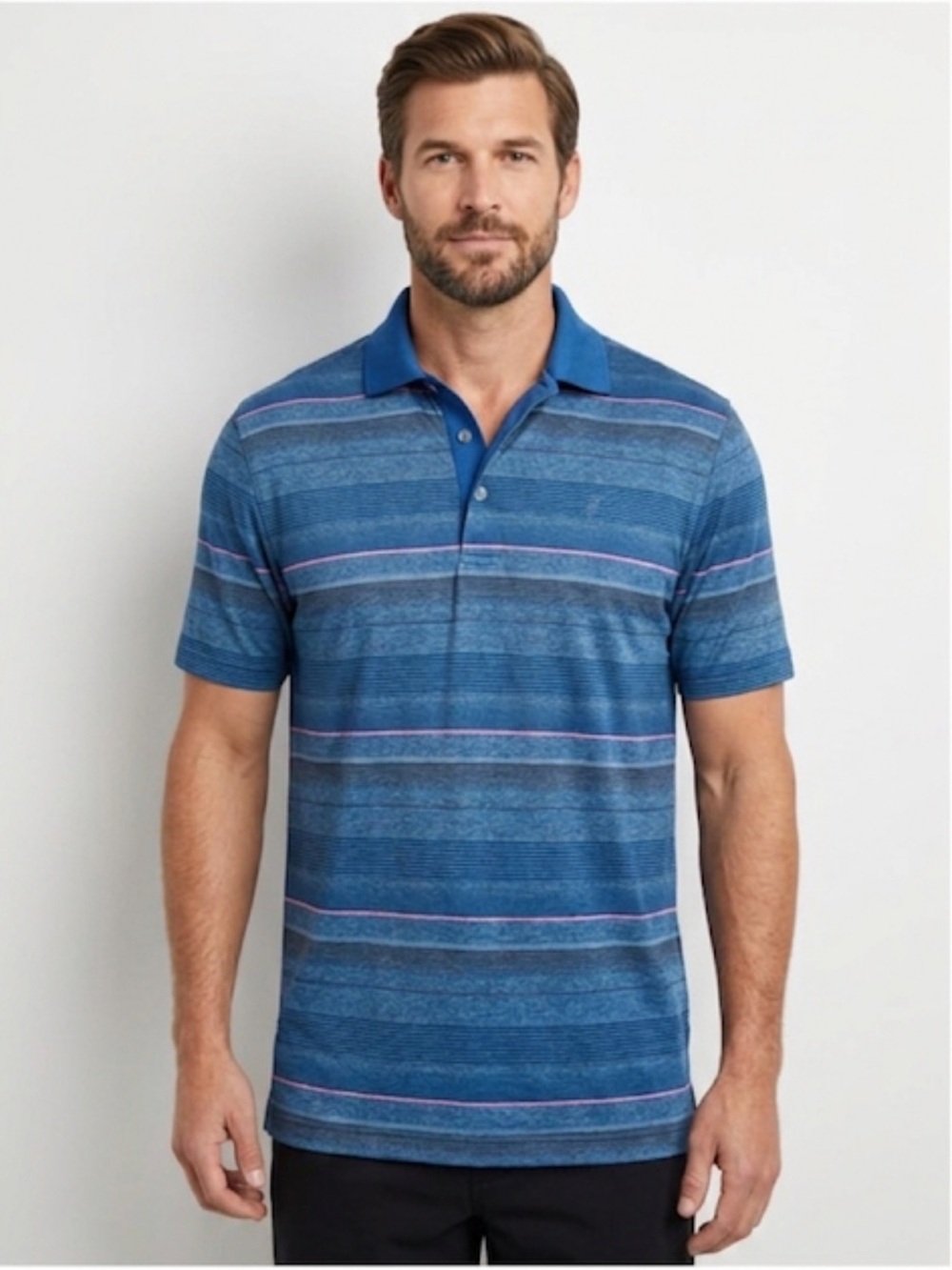 PGA Tour Men's Blue Striped Polo with Pink Accent